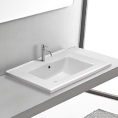 Drop In Bathroom Sink, White Ceramic, Rectangular